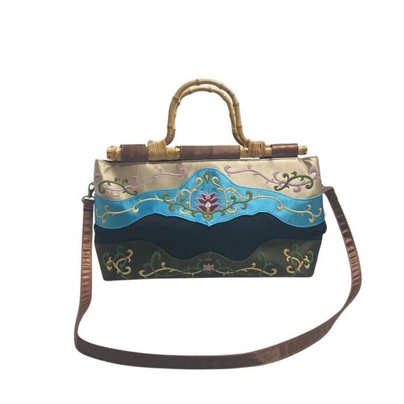 PRESTON & York Embroidered Satin Fabric Handbag With Bamboo Handles Shoulder Tot - Picture 2 of 12